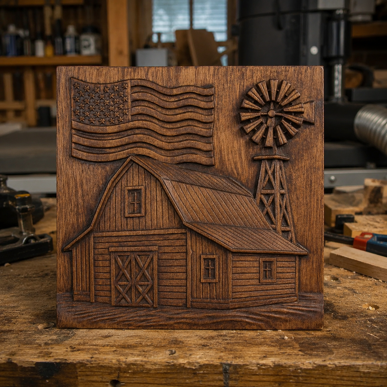 The American Farm Barn CNC Relief STL File by Form Arcade features a barn, windmill, and waving flag—perfect patriotic CNC wall art for your next woodworking project.