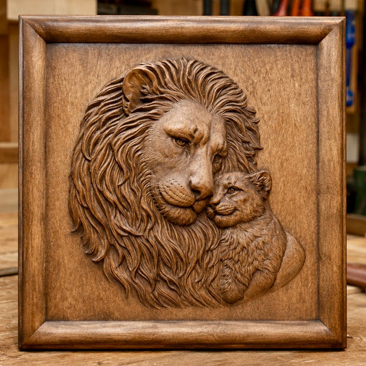 A wooden relief carving features a father and cub lion in a heartfelt pose, their heads gently touching, all enclosed within a square wooden frame. The “Father and Cub Lion CNC Relief STL File” by Form Arcade is the ideal woodworking project for capturing the special bond between lions, perfect for creating striking Lion CNC wall art.