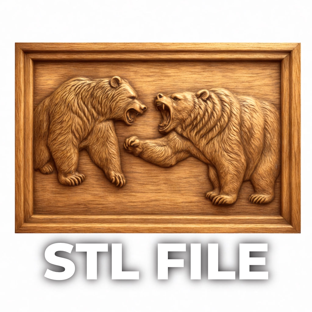 Fighting Bears CNC Relief STL File by Form Arcade: Features two roaring bears facing each other in a rectangular frame. Ideal wildlife wall art for CNC carving; includes STL file for your projects.