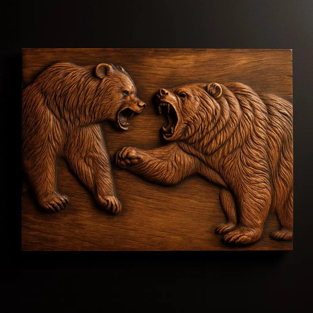 Form Arcade’s Fighting Bears CNC Relief STL File features two growling bears, one with a raised paw, on a dark brown wooden background—a striking piece of wildlife CNC wall art ready for your next carving project.