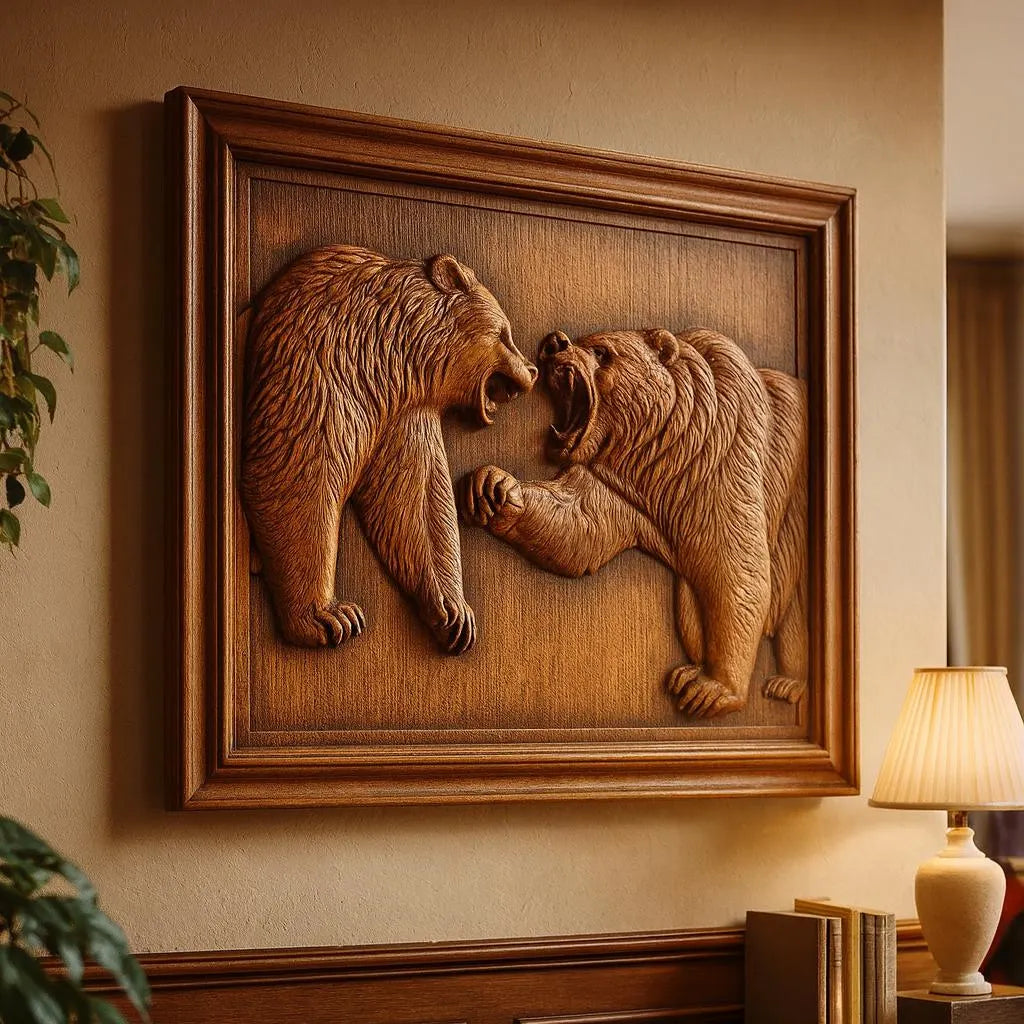 The Fighting Bears CNC Relief STL File | Wildlife CNC Wall Art by Form Arcade features two roaring bears and is ideal for anyone seeking a unique STL file for CNC carving. Perfect for display above a table to enhance any space with wildlife decor.