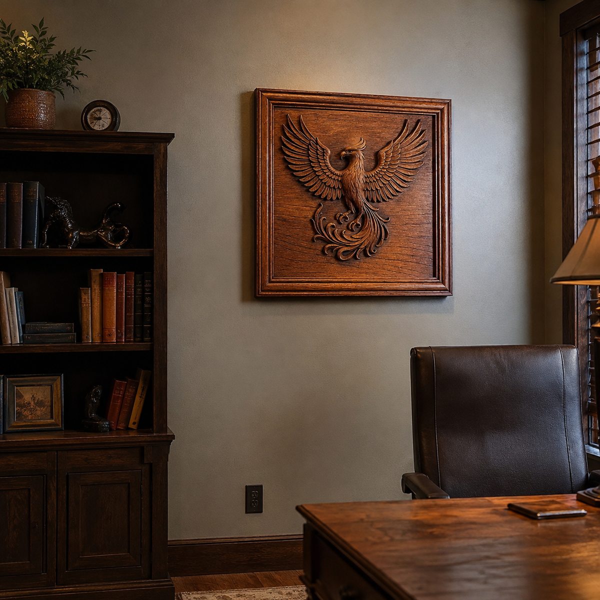 A wooden office features a leather chair, wooden desk, bookshelf, and a framed “Phoenix Firebird CNC Relief STL File | Mythical Bird CNC Wall Art” by Form Arcade on the wall. Soft light filters through window blinds, creating a warm, cozy atmosphere.