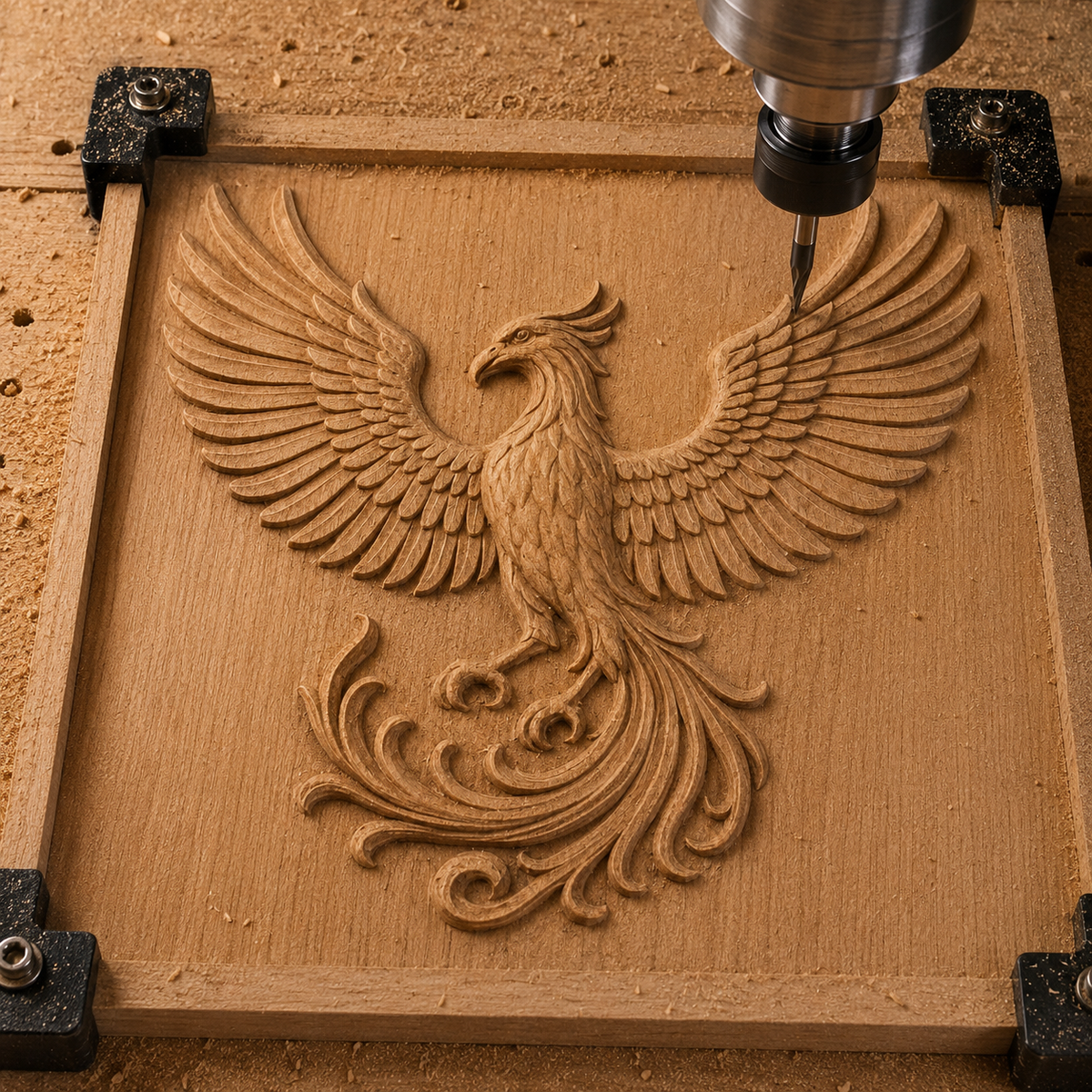A CNC machine uses the “Phoenix Firebird CNC Relief STL File | Mythical Bird CNC Wall Art” by Form Arcade to carve an intricate phoenix with outstretched wings into a wooden square, secured by corner clamps. This stunning CNC relief design from Form Arcade is ideal for woodworking projects inspired by the legendary Phoenix Firebird.