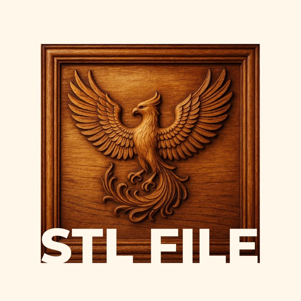 Centered in a framed square panel, a meticulously carved phoenix firebird with outstretched wings is featured, making it the perfect choice for CNC relief carving or woodworking projects. The words “STL FILE” appear prominently in bold white text at the bottom. This design, titled “Phoenix Firebird CNC Relief STL File | Mythical Bird CNC Wall Art” by Form Arcade, showcases remarkable detail ideal for your next creative endeavor.