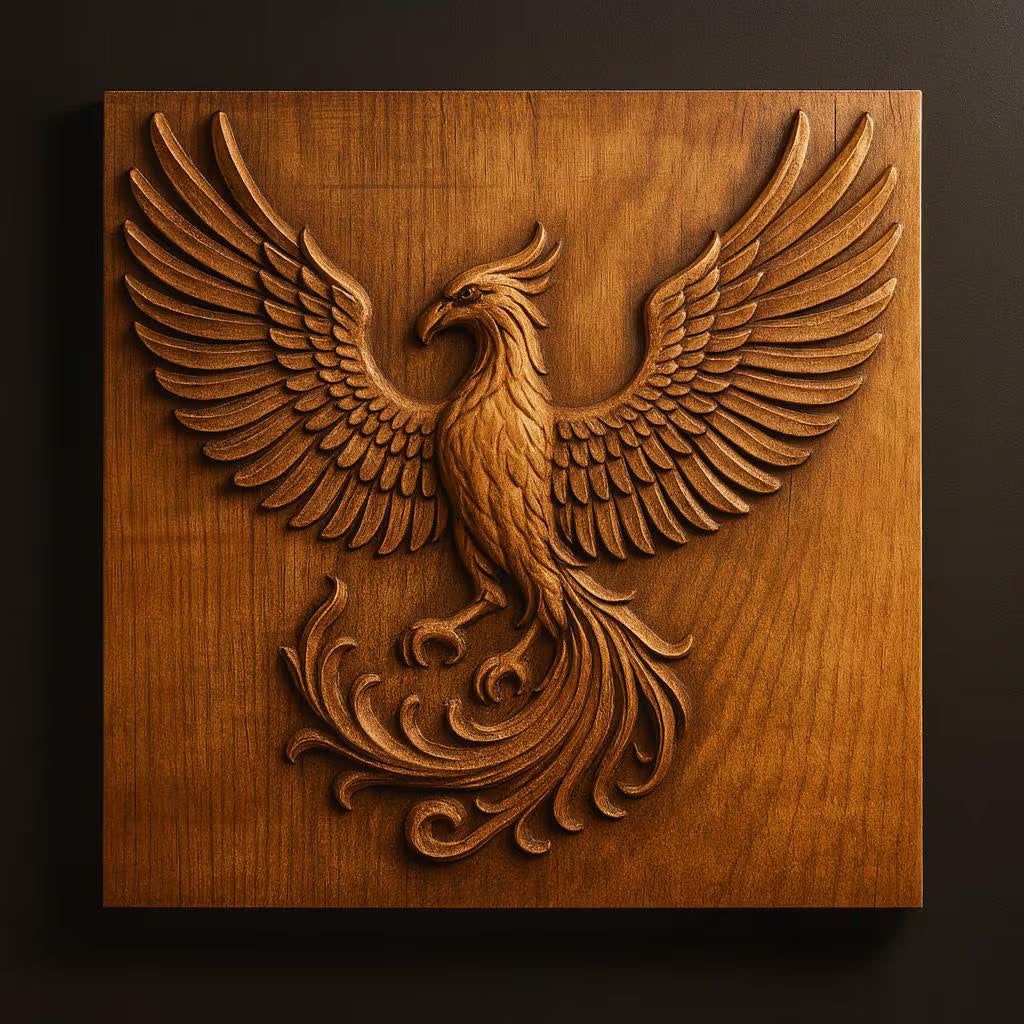 A stunning CNC relief carving of the legendary Phoenix Firebird with outstretched wings, created by Form Arcade, is beautifully presented on a square wooden plaque against a dark background. The “Phoenix Firebird CNC Relief STL File | Mythical Bird CNC Wall Art” captures intricate details and is perfect for woodworking projects inspired by mythical motifs.