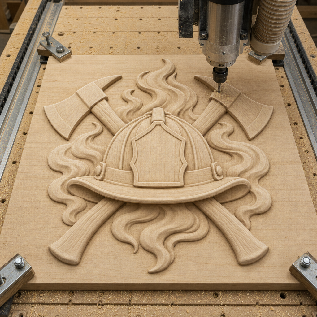 CNC router cutting a wood relief of a firefighter helmet, crossed axes, and surrounding flame shapes.