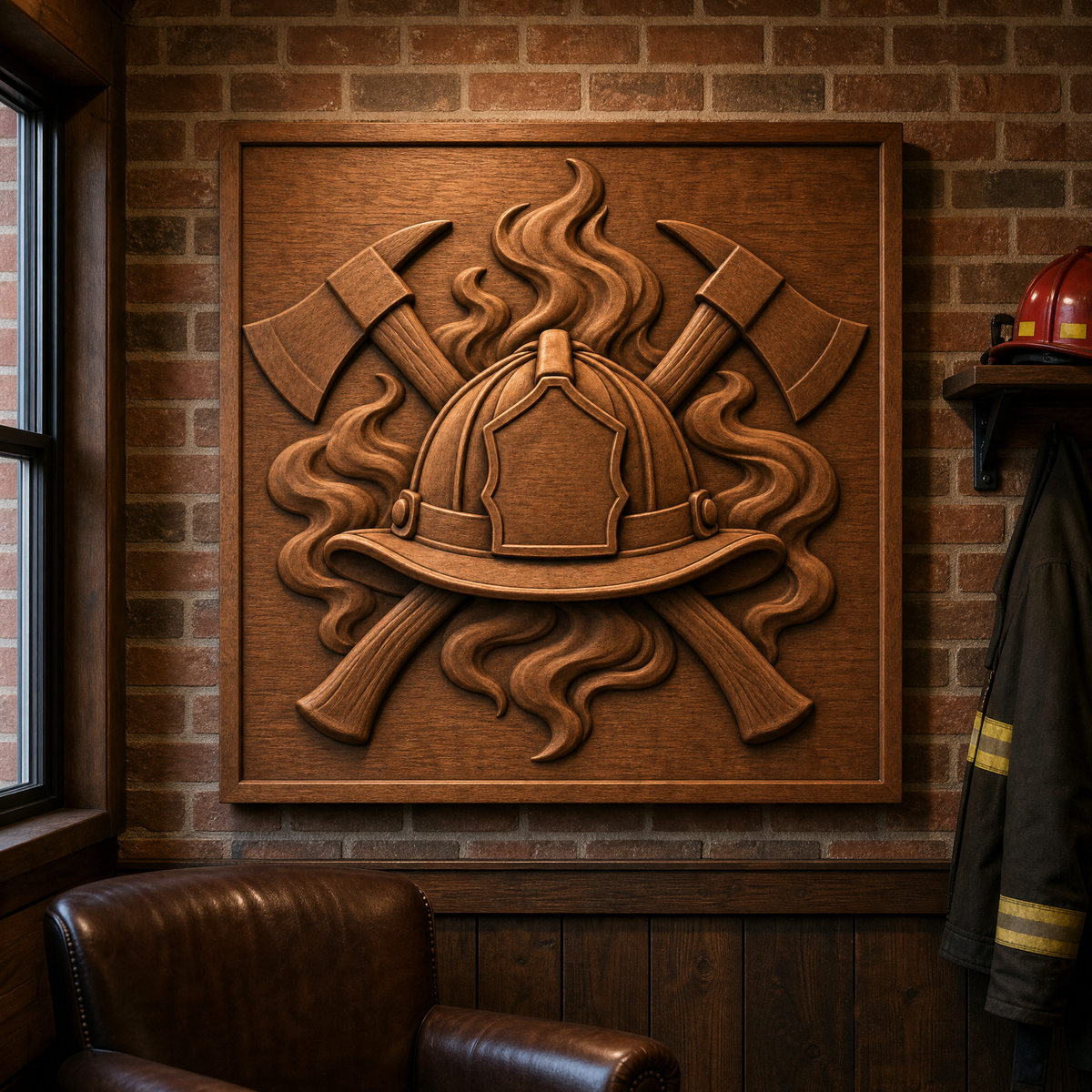 Framed wood CNC relief of a firefighter helmet, crossed axes, and flames displayed on a brick wall.