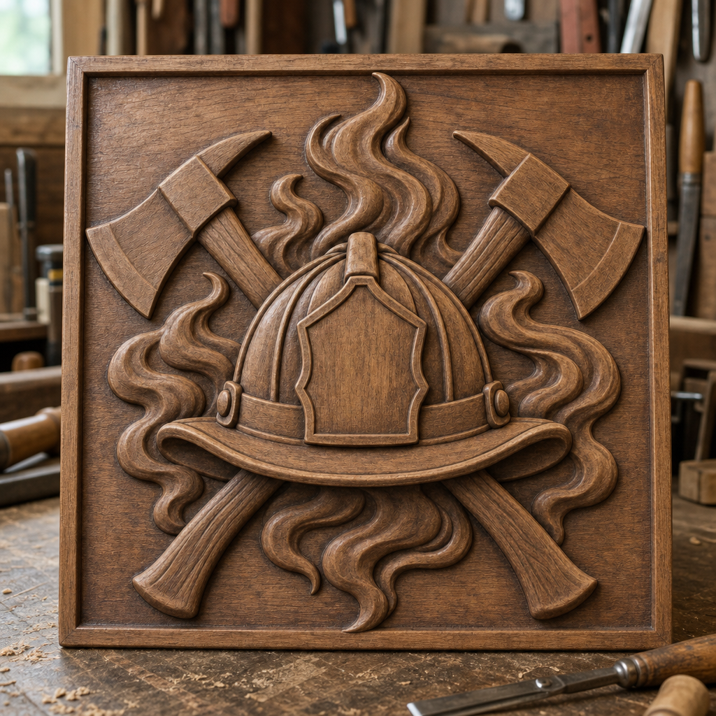Firefighter helmet with shield and crossed axes amid flames, shown as a finished wood CNC relief in a workshop.