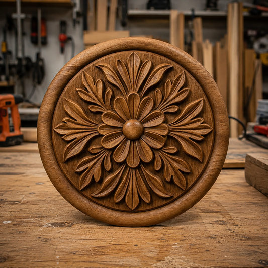 A round wooden medallion featuring an intricate floral carving, ideal for woodworking projects, rests on a workbench in a woodworking shop surrounded by tools and wooden materials. This piece is inspired by the Floral Rosette Medallion Relief STL File from Form Arcade, a popular CNC Decorative Wall Art design.