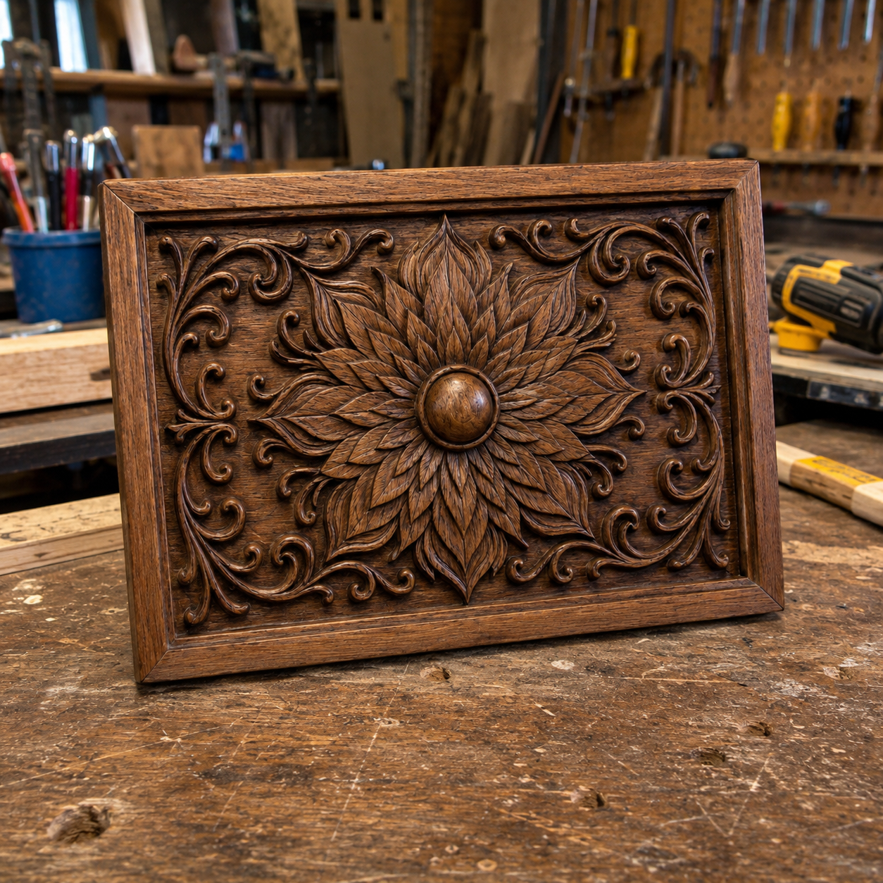 The Decorative Floral Tile Relief STL File by Form Arcade features an ornamental floral tile design with layered petals and scrollwork, perfect for CNC carving and wall decor. Displayed in a woodworking shop with tools and wood pieces in the background.