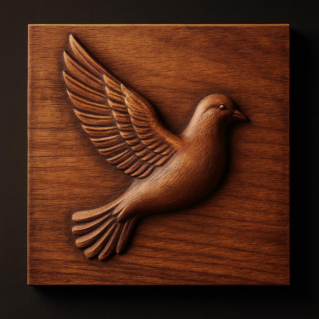 The Flying Dove Relief STL File by Form Arcade features a dove with outstretched wings, designed for CNC carving as unique wall art, shown mounted on a square wooden plaque against a dark background.