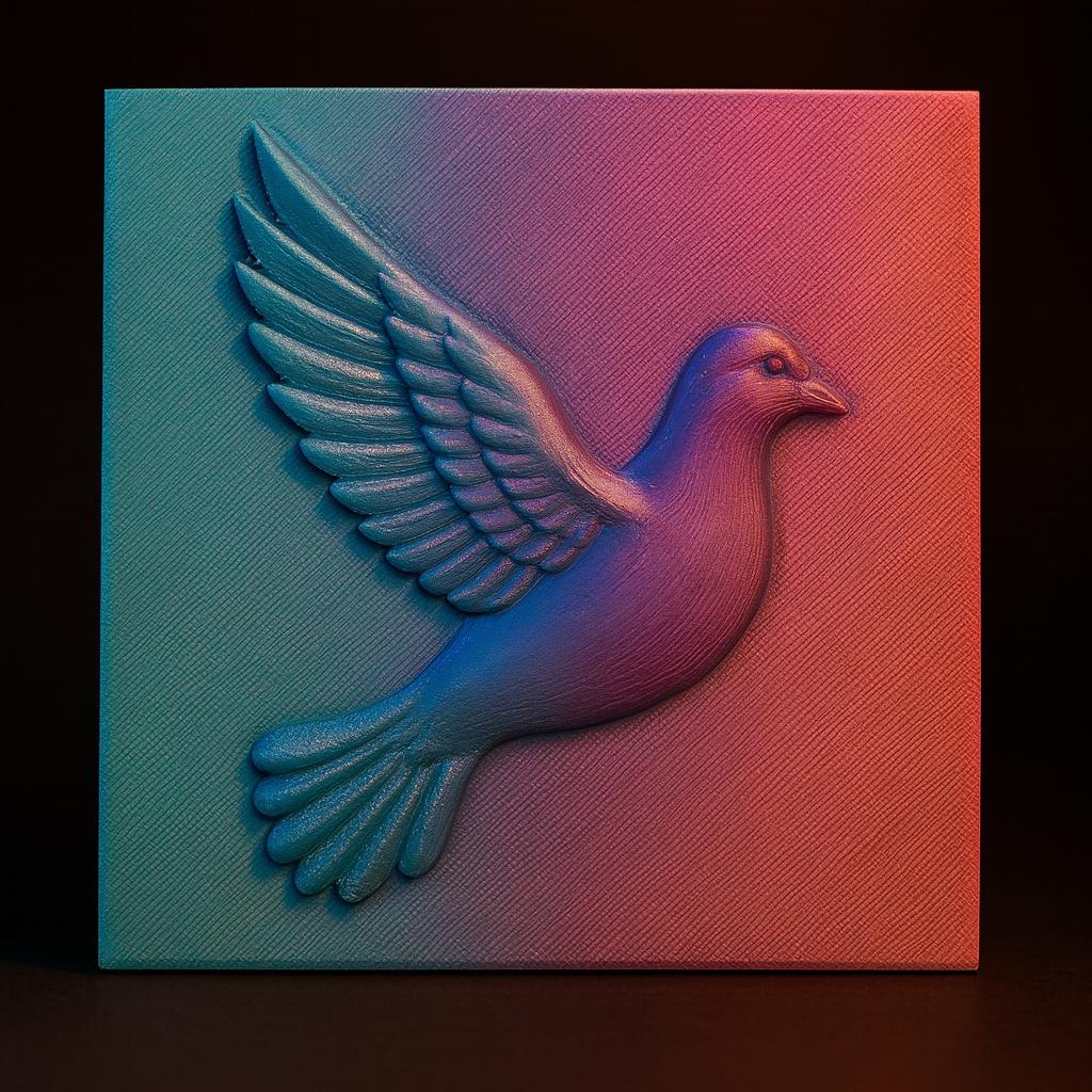 Centered on a square, the Flying Dove Relief STL File by Form Arcade features a raised dove against a textured background—ideal for 3D printing or CNC wall art projects. Subtle blue and pink gradients enhance its detailed design.