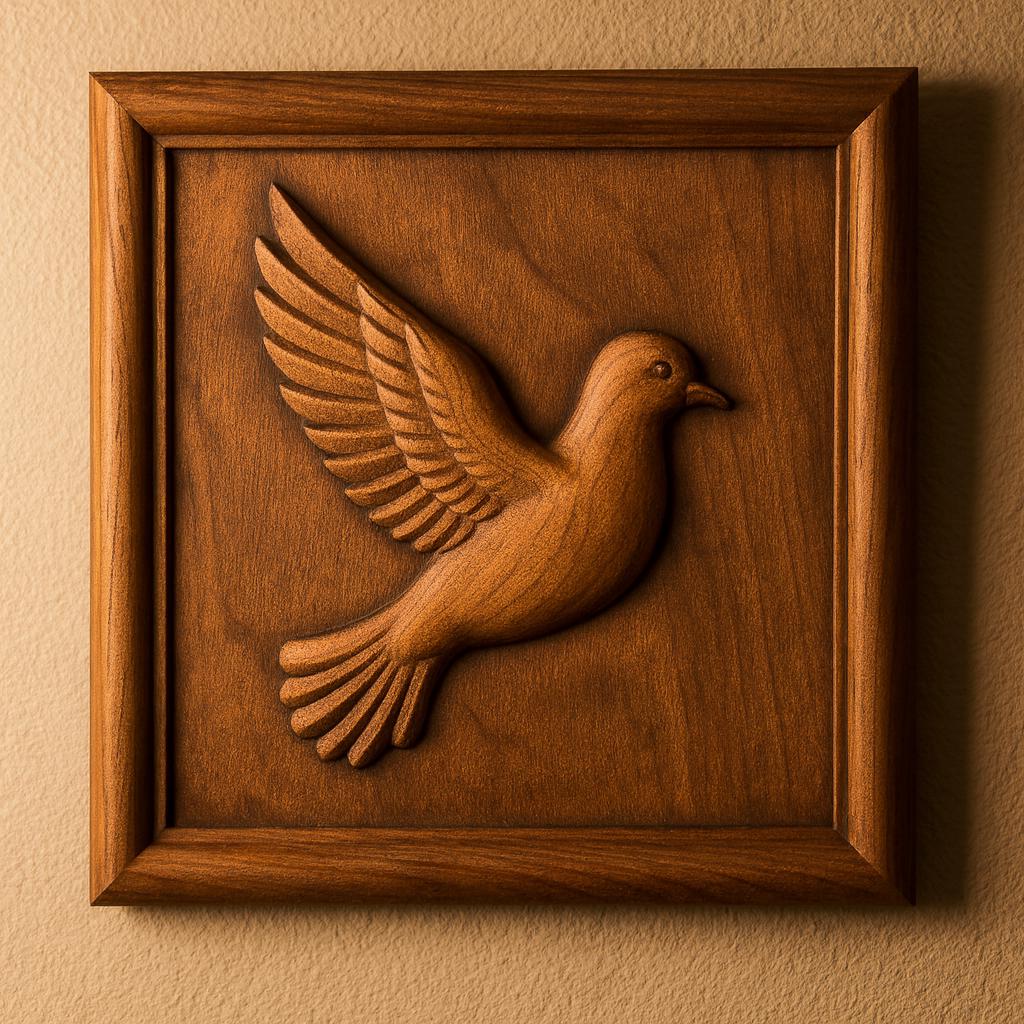 The Form Arcade Flying Dove Relief STL File lets you create CNC wall art of a dove with spread wings, perfect for displaying as a smooth, brown accent on a beige textured wall.