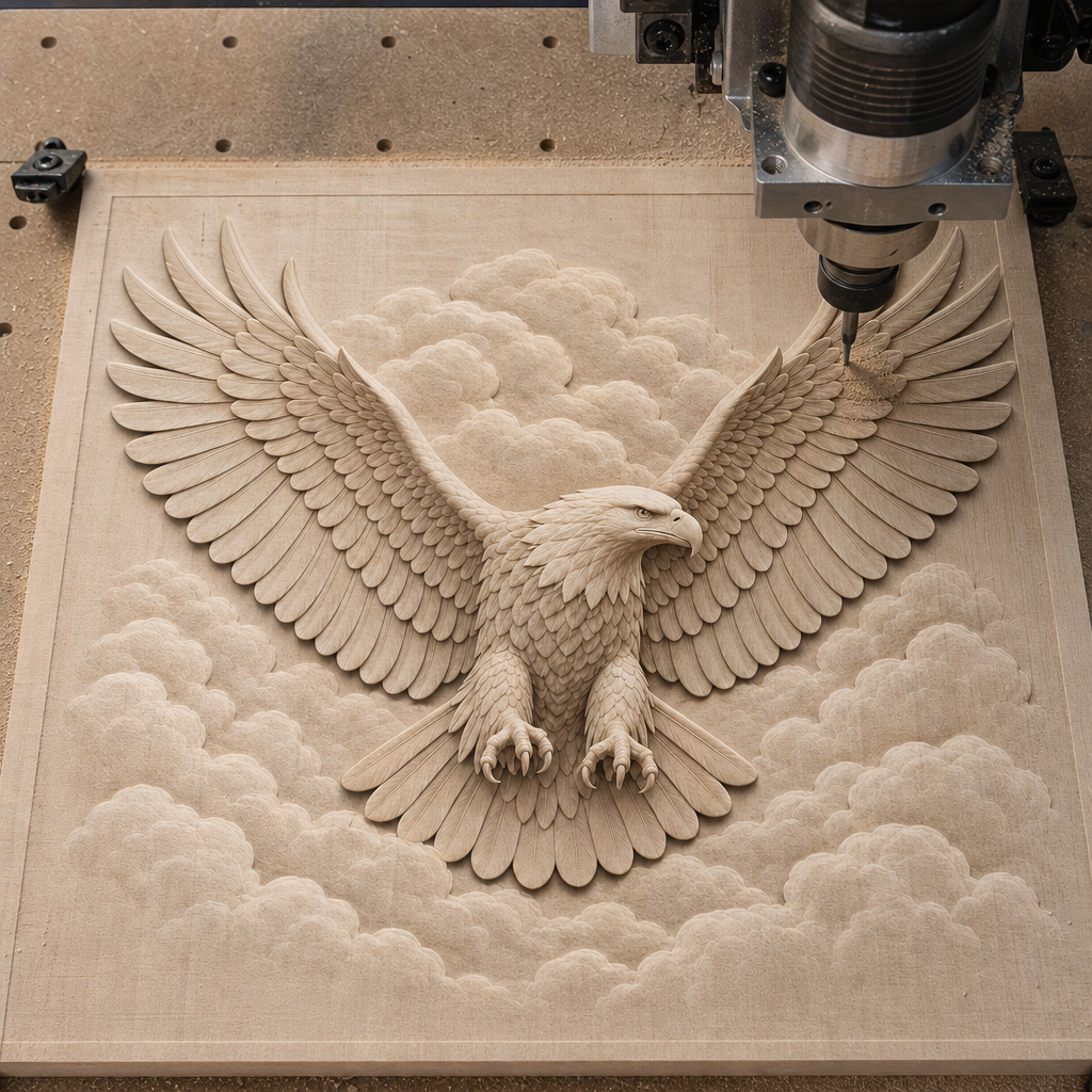 CNC router cutting a light wood relief of an eagle with fully spread wings, layered feathers, talons, and surrounding clouds.