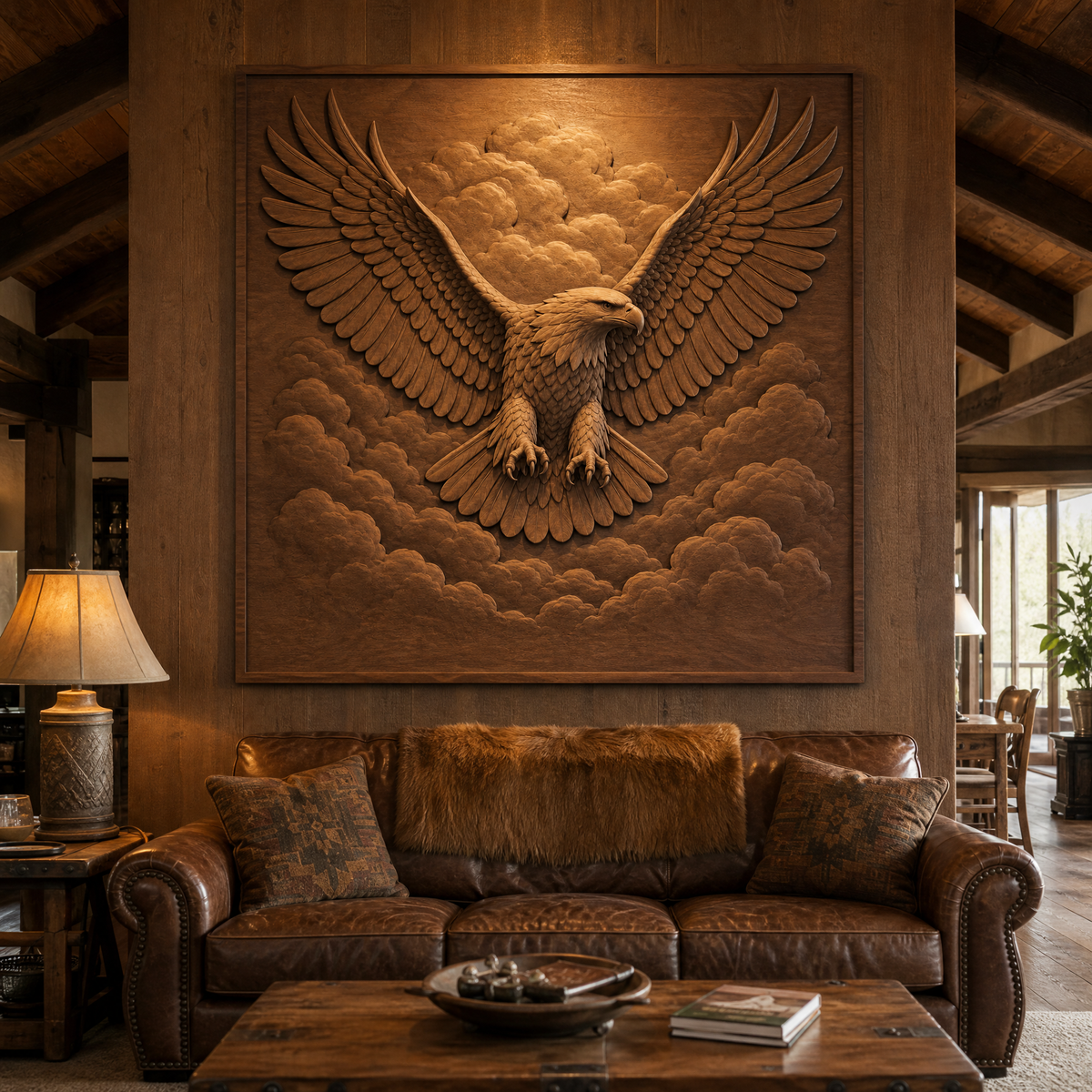 Framed flying eagle CNC relief with spread wings and cloud details displayed above a leather sofa in a rustic living room.