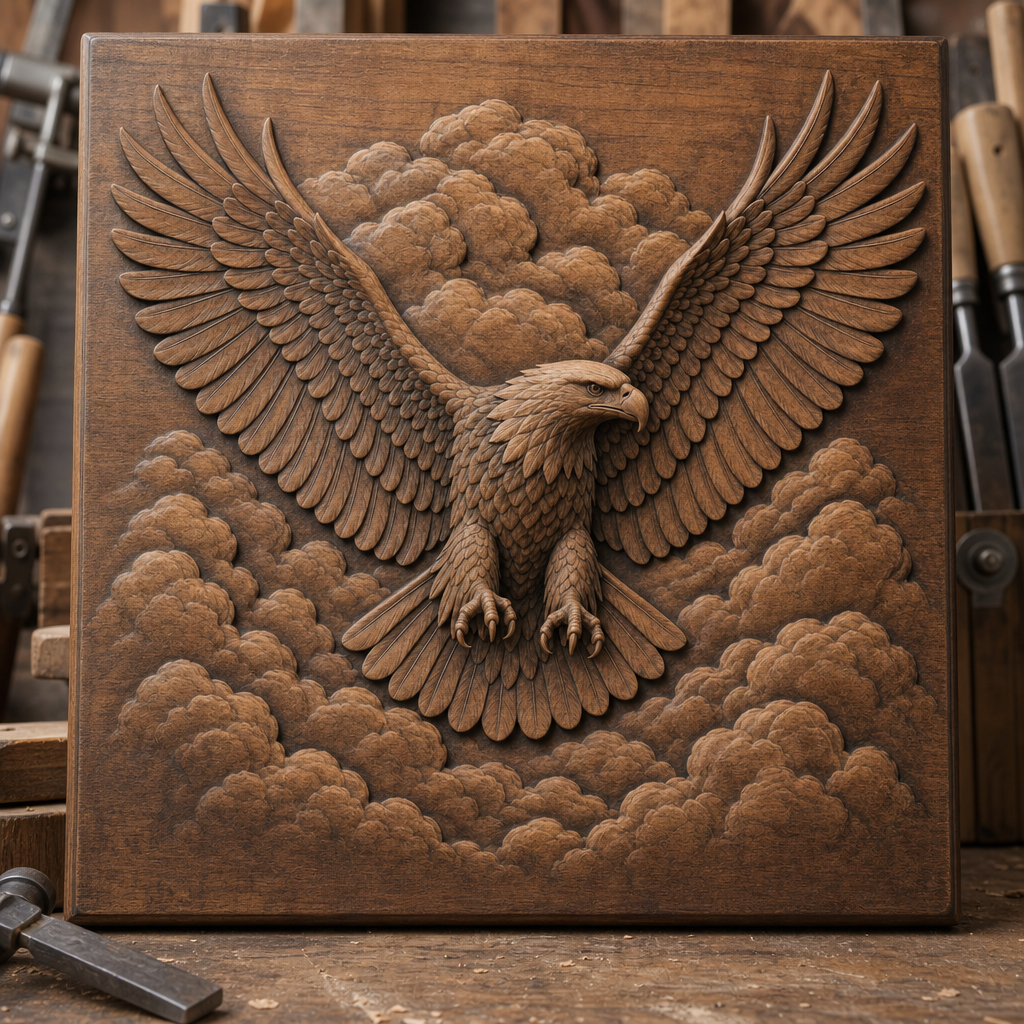 Detailed flying eagle CNC wood relief with spread wings, layered feathers, and surrounding clouds on a square wooden panel.