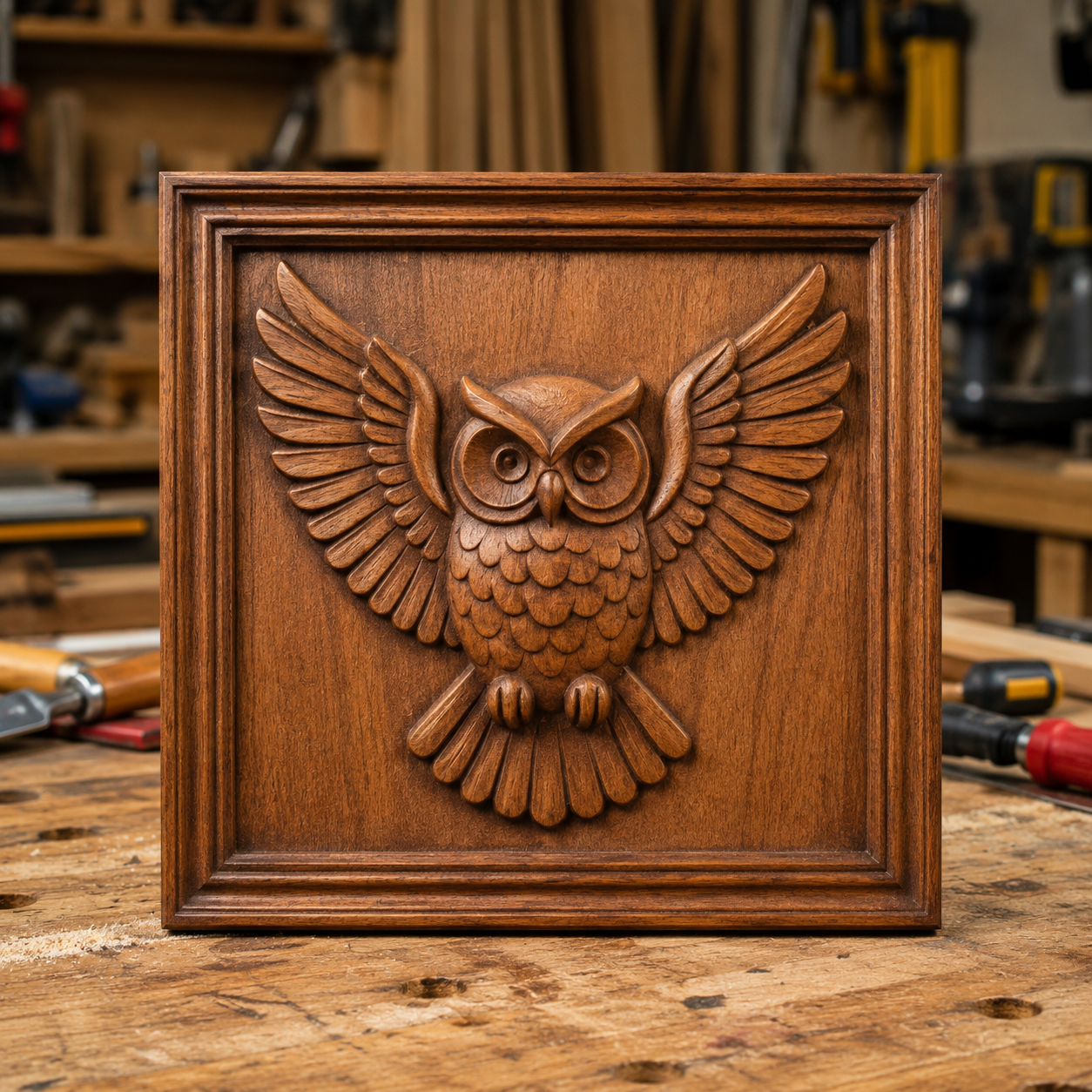 Elevate your woodworking projects with the Flying Owl CNC Relief STL File | Owl CNC Wall Art from Form Arcade. This digital file allows you to carve a detailed wooden plaque featuring a flying owl with outstretched wings—an impressive piece for display in workshops or studios, complete with tools and wooden shelves in the background. Ideal for CNC relief carving projects, this design is provided as an easy-to-use STL file ready for download.