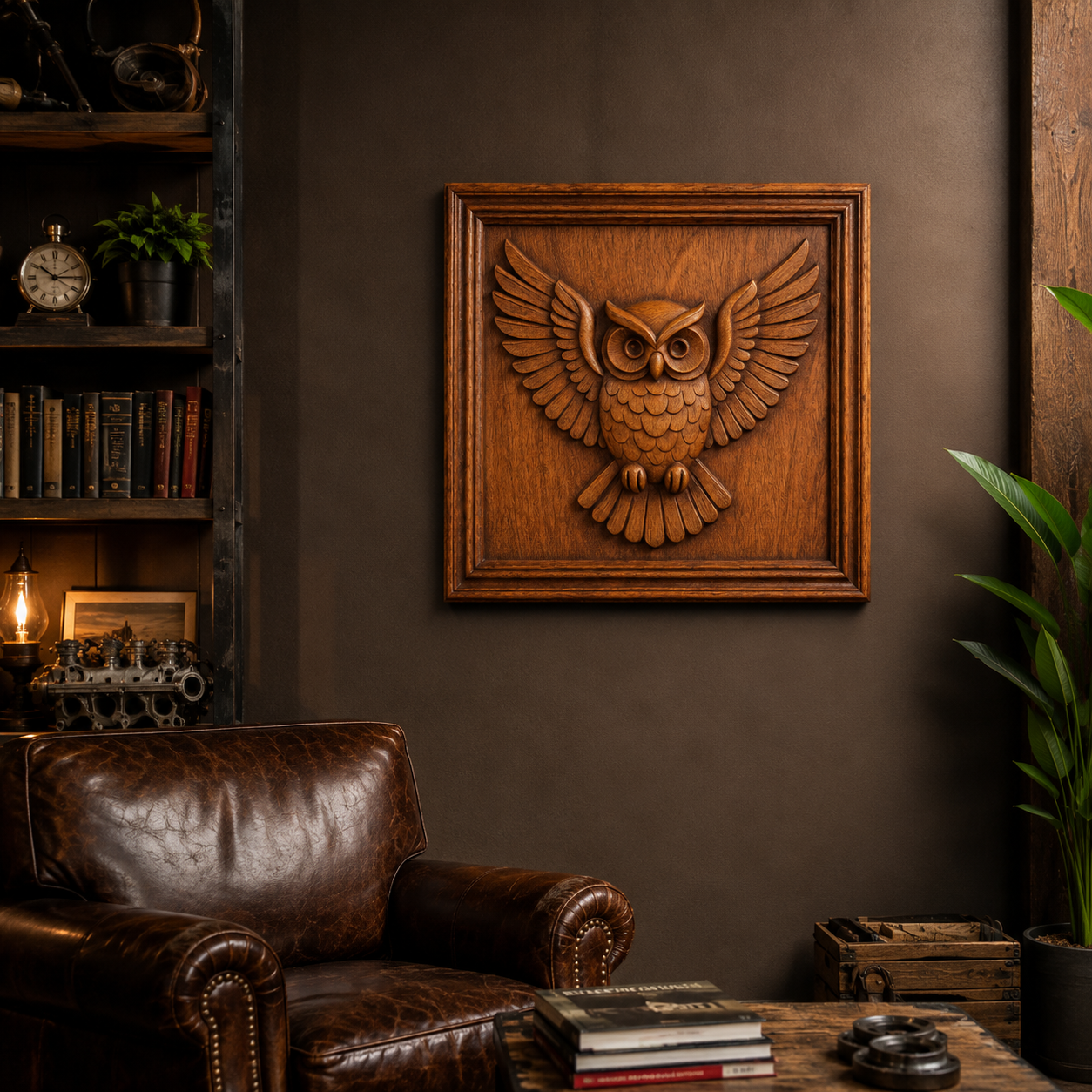 A cozy study with a leather armchair, wooden shelves lined with books, a potted plant, and a framed Flying Owl CNC Relief STL File | Owl CNC Wall Art by Form Arcade displayed on the wall. Nearby, a stack of books and vintage items accentuate a rustic wooden table.