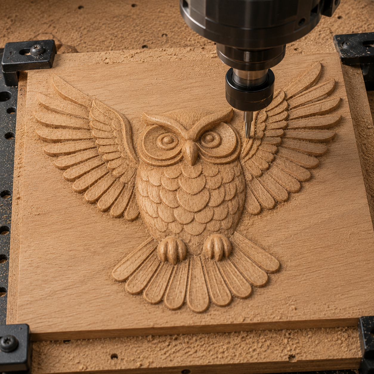 A CNC machine uses the Flying Owl CNC Relief STL File by Form Arcade to carve a detailed flying owl with spread wings into a square wooden board, creating intricate Owl CNC Wall Art surrounded by wood shavings. The STL file guides the relief carving process.