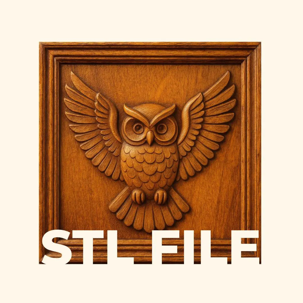 A wooden square plaque showcases a beautifully carved owl with outstretched wings, making it perfect for CNC relief carving and woodworking projects. The phrase "STL FILE" appears prominently at the bottom, making the Flying Owl CNC Relief STL File | Owl CNC Wall Art by Form Arcade an ideal choice for your next creative project.