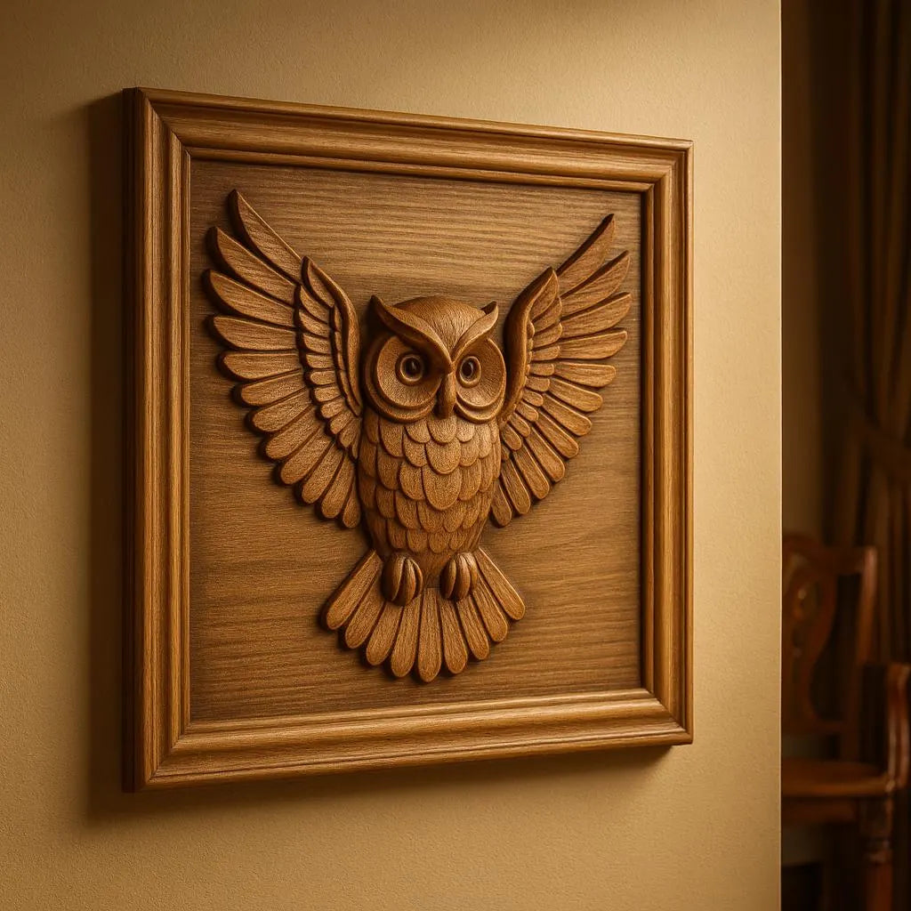 The "Flying Owl CNC Relief STL File" by Form Arcade features a detailed wooden wall art of an owl with outstretched wings, expertly crafted using CNC relief carving techniques. The framed piece is mounted on a beige wall and illuminated with warm lighting to highlight the intricate carving.