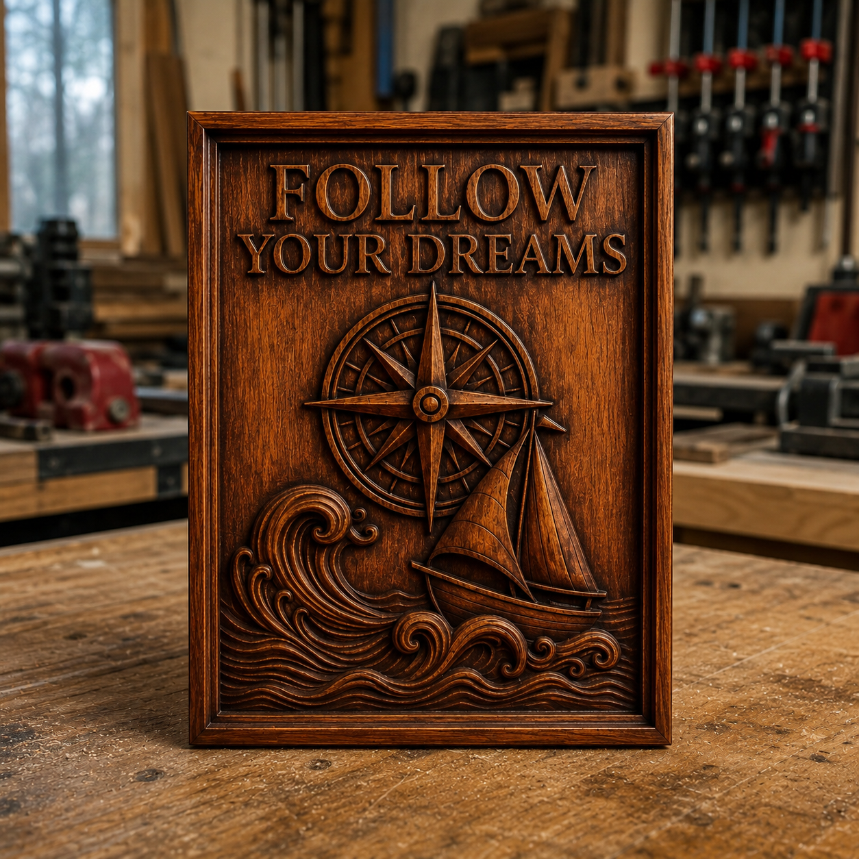 The "Follow Your Dreams CNC Relief STL File | Inspirational CNC Wall Art" by Form Arcade, featuring a beautifully carved compass, sailboat, waves, and the words FOLLOW YOUR DREAMS, is displayed on a workbench in a woodshop. This motivational design makes an eye-catching project for woodworking enthusiasts.