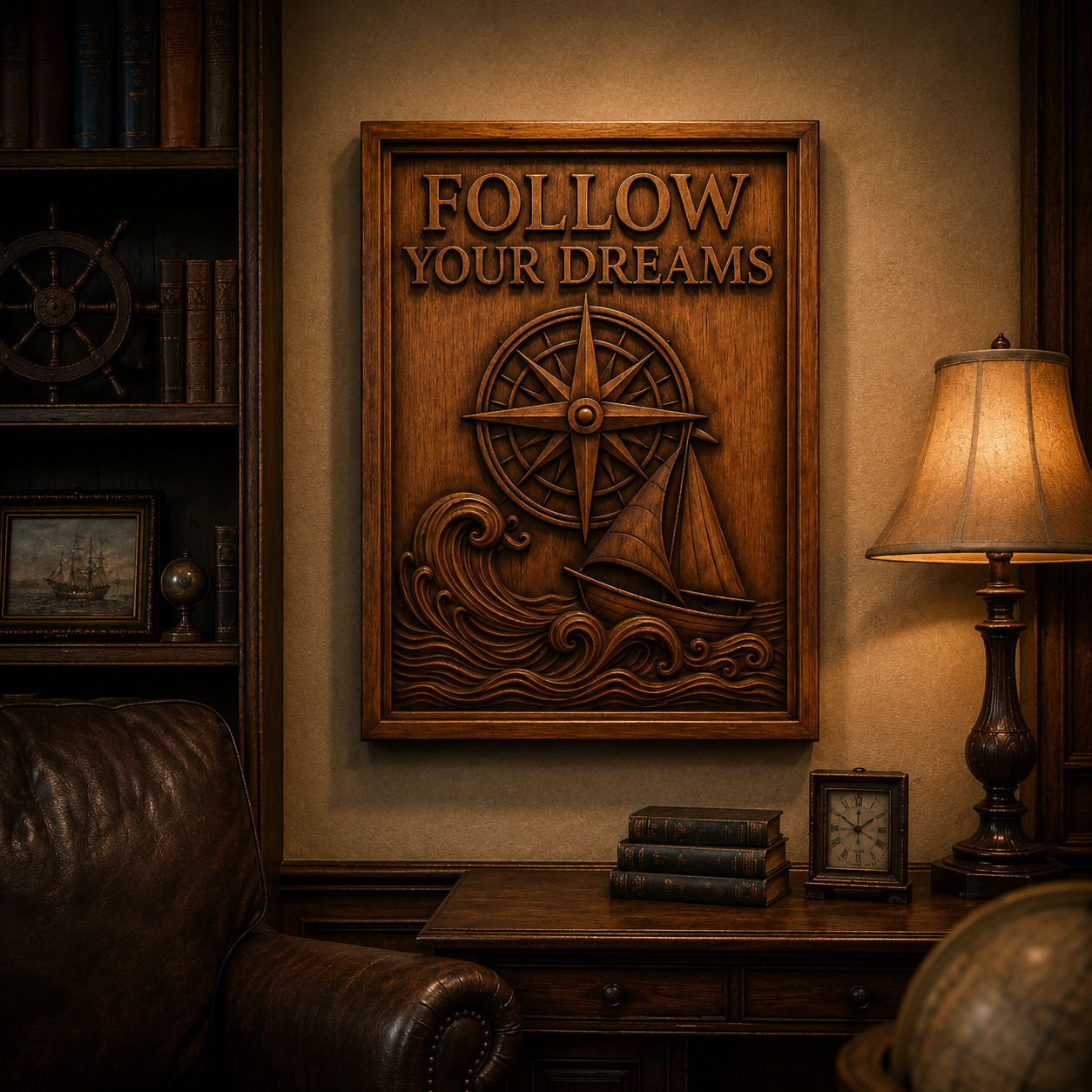The "Follow Your Dreams CNC Relief STL File | Inspirational CNC Wall Art" by Form Arcade features a carved wooden design with a sailboat, waves, and compass, displaying the phrase FOLLOW YOUR DREAMS. Shown hung above a desk adorned with books, a clock, lamp, and globe in a cozy vintage-style study, it's ideal for woodworking projects or as inspiration for your next CNC relief STL file.
