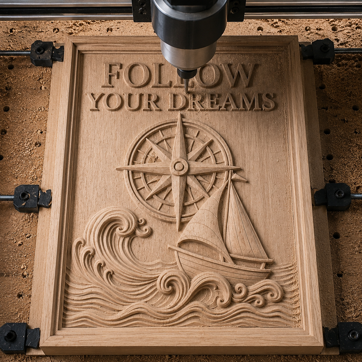 The "Follow Your Dreams CNC Relief STL File" by Form Arcade features a beautifully carved wooden plaque with a sailboat on waves, a compass, and the inspirational message "FOLLOW YOUR DREAMS." This unique digital design makes an ideal choice for CNC wall art or as an uplifting addition to your woodworking projects.