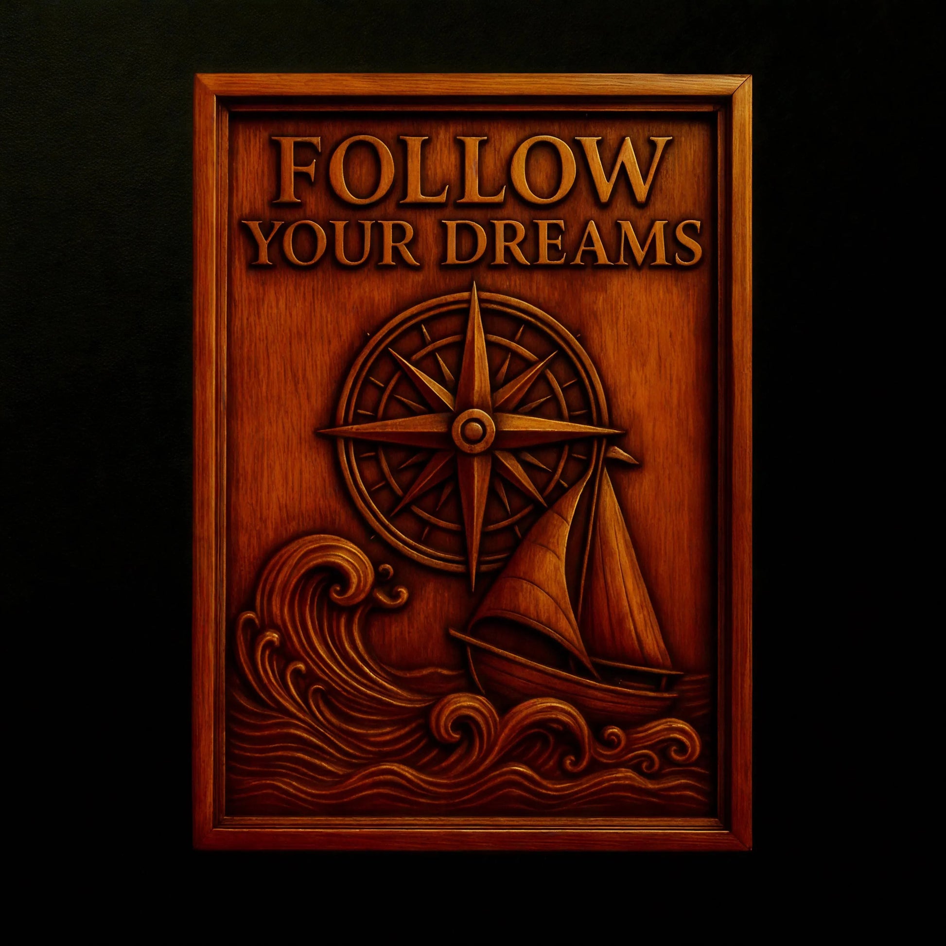 Introducing the "Follow Your Dreams CNC Relief STL File | Inspirational CNC Wall Art" by Form Arcade. This carved wooden plaque design showcases a sailboat riding waves, a detailed compass, and the inspiring phrase "FOLLOW YOUR DREAMS" engraved at the top. Ideal for woodworking projects or as uplifting wall décor, this digital design is available as an STL file ready for CNC machining.