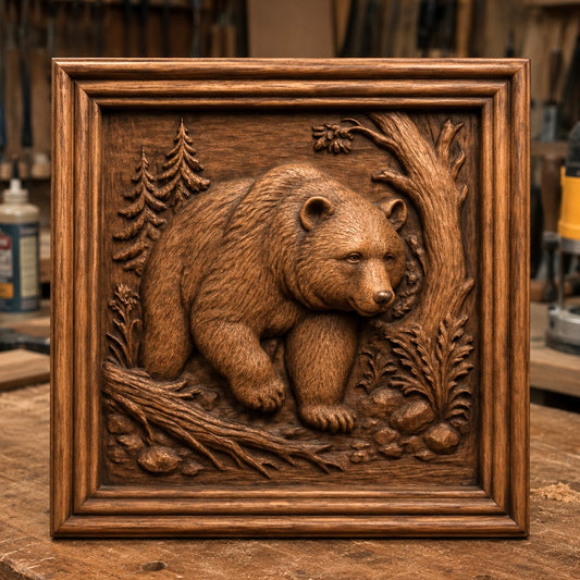 The Forest Bear Relief STL File by Form Arcade is a detailed decorative wall art design, featuring a bear walking among trees and rocks within a wooden border, perfect for CNC woodworking projects. This wildlife-themed STL file highlights the artistry of wood carving and is ideal for showcasing intricate relief work in your next CNC project.