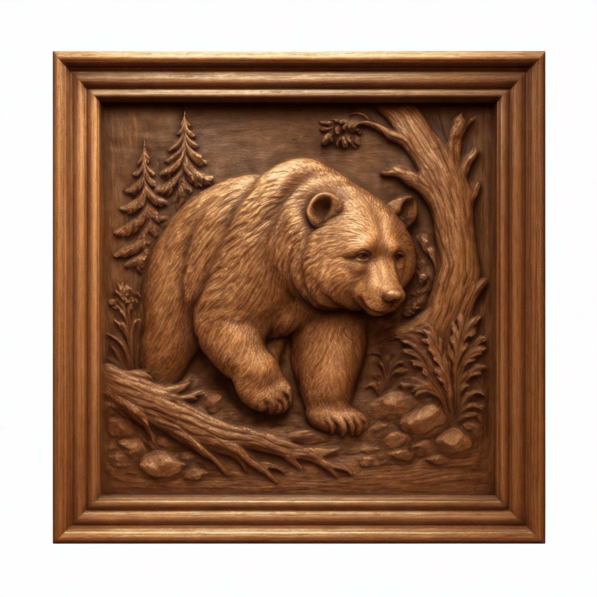 Close-up of a carved wooden forest bear relief showing a grizzly bear in a natural woodland scene with detailed fur texture, trees, and ground elements, designed for CNC carving and 3D printing as a high detail wildlife wall art panel with smooth depth transitions and clean toolpaths