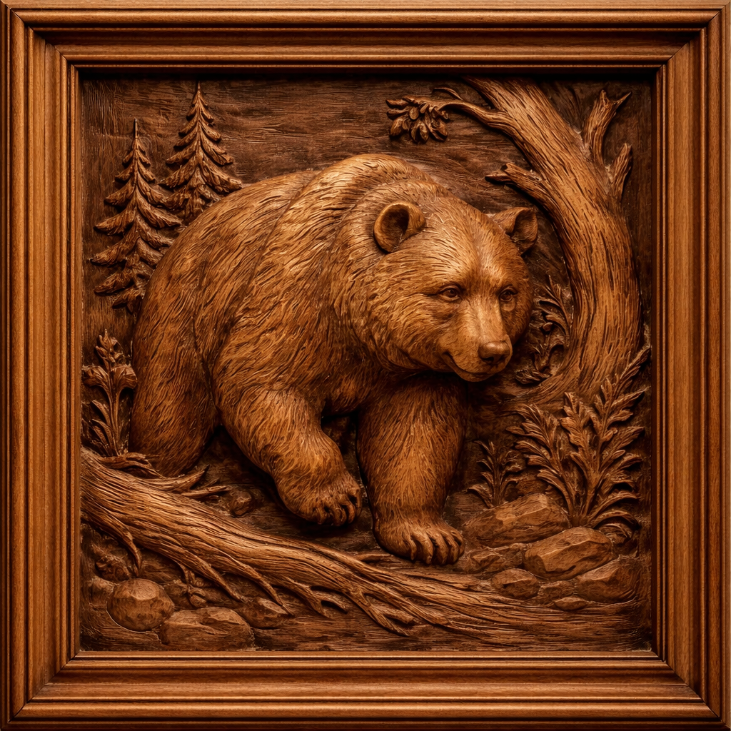 Detailed wooden forest bear relief panel featuring a grizzly bear walking through a textured woodland environment with trees, roots, and ground detail, designed for CNC carving with strong contrast, clean depth, and high resolution detail for woodworking and decorative panel projects