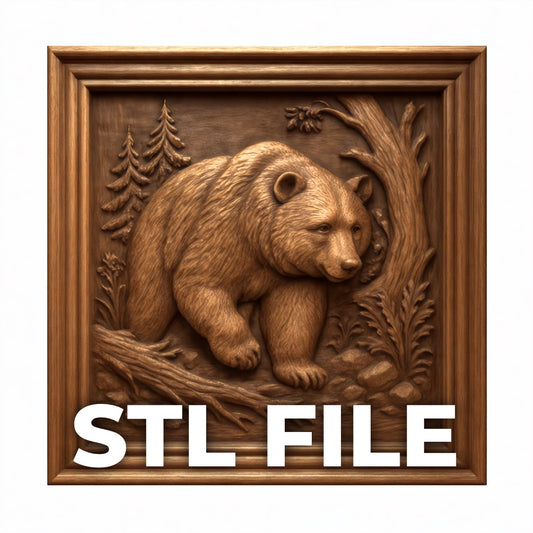 Forest bear relief carving featuring a detailed grizzly bear walking through a wooded landscape with trees, rocks, and natural terrain, shown as a CNC relief wood panel design labeled STL FILE for digital download, ideal for wildlife wall art, rustic decor, and high detail CNC carving or 3D printing projects