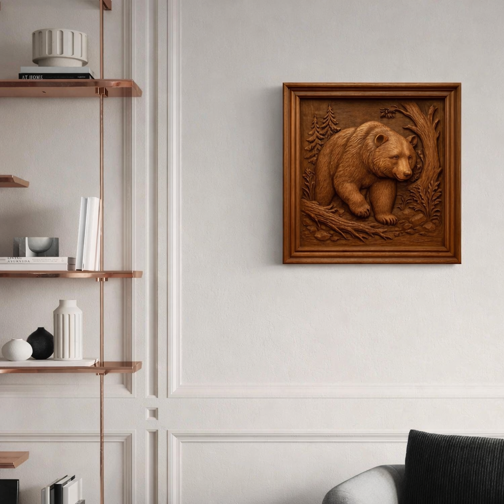 Framed forest bear relief wall art displayed in a modern interior setting, showing a carved wood panel of a grizzly bear in a forest scene mounted on a wall shelf area, demonstrating scale and real world application for CNC carved decor and rustic wildlife themed home accents