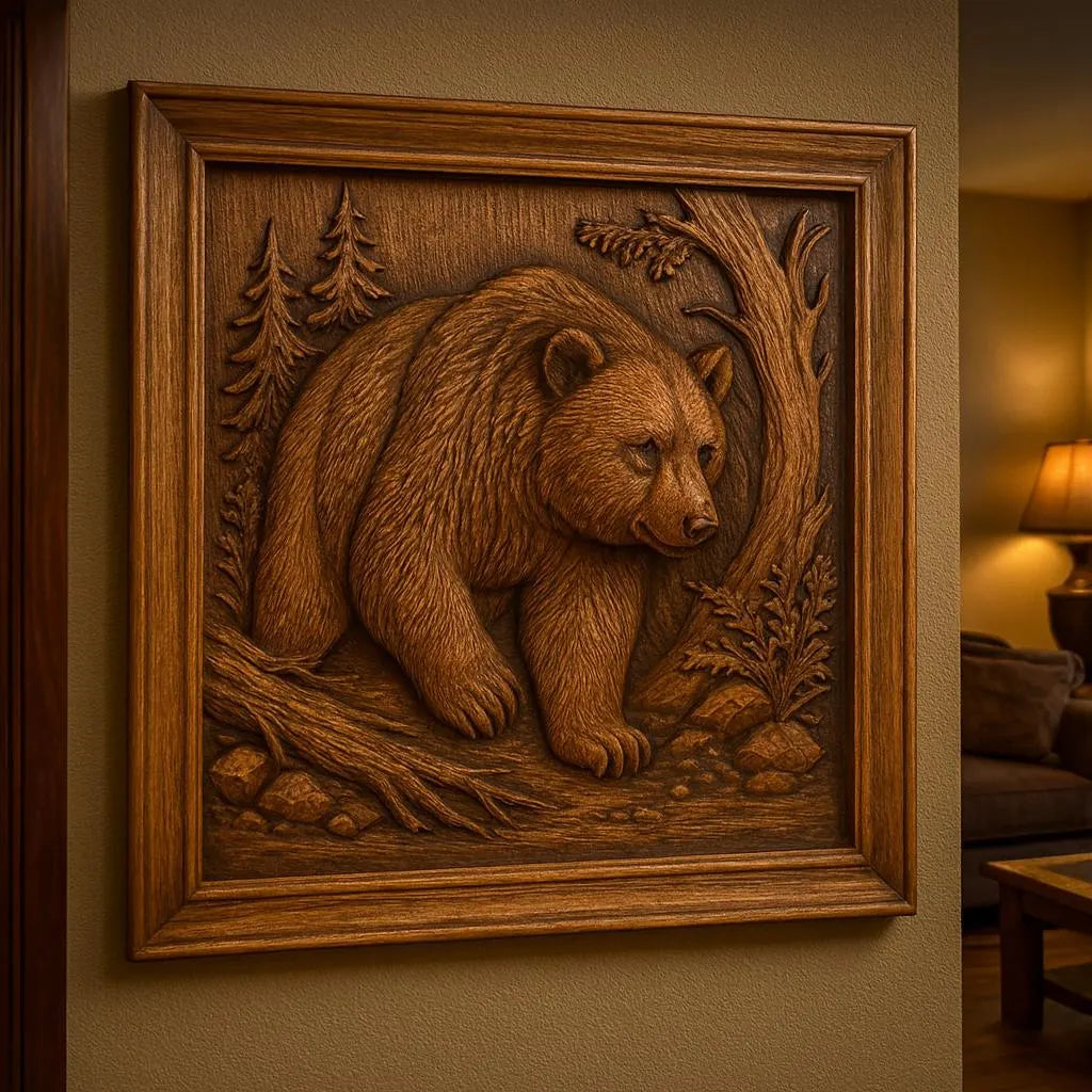 CNC carved forest bear relief mounted on a wall in a warm living room setting, showing a framed wooden panel with a grizzly bear surrounded by trees and natural elements, styled as rustic wildlife wall decor suitable for cabins, lodges, or nature themed interiors