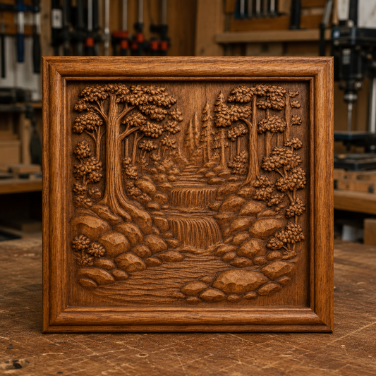 The Forest Waterfall CNC Relief STL File by Form Arcade showcases a stunning carved wooden panel with a detailed forest scene, including trees, rocks, and a cascading waterfall—an ideal nature-inspired wall art design for your next woodworking project.