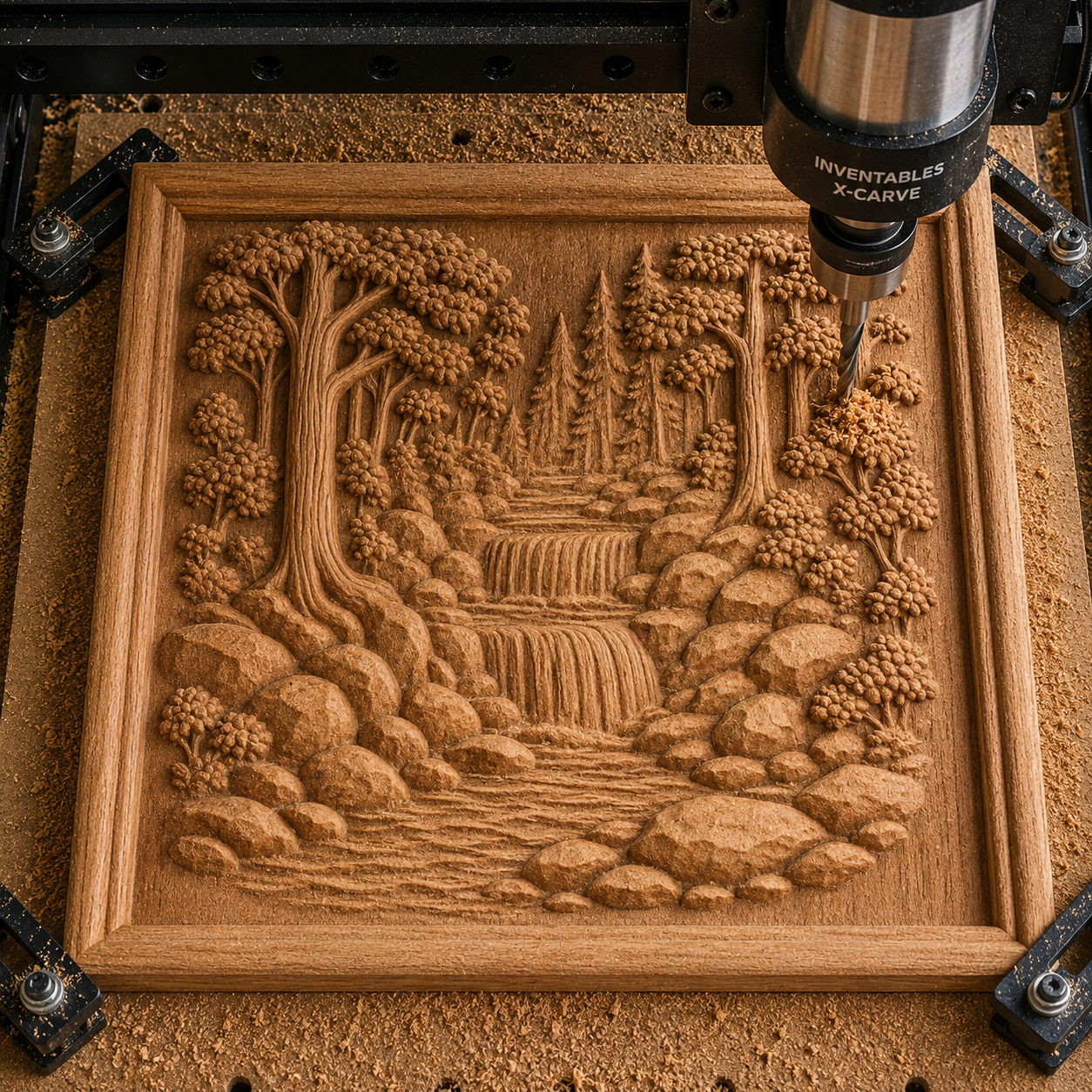 The Forest Waterfall CNC Relief STL File by Form Arcade transforms wood into stunning nature wall art, expertly carving trees, rocks, and a waterfall in intricate detail—an impressive example of CNC relief carving for woodworking projects.
