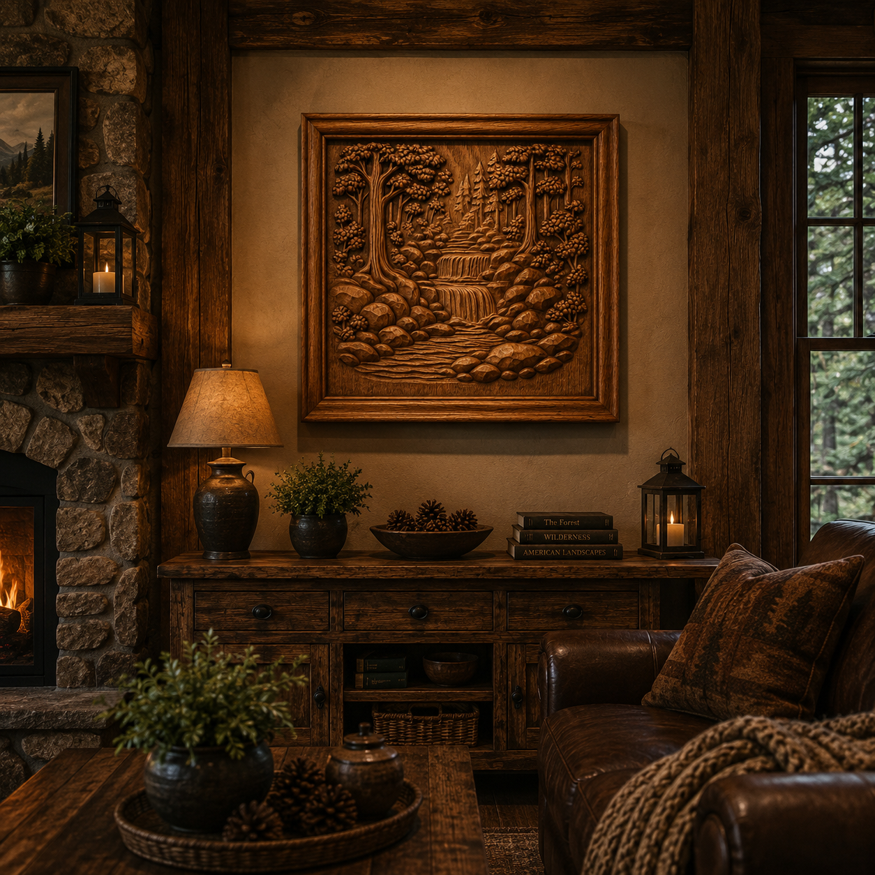 Cozy rustic living room featuring a leather sofa, wooden furnishings, and a stone fireplace, with the Forest Waterfall CNC Relief STL File by Form Arcade displayed as stunning nature-inspired wall art. Warm lighting, potted plants, and pinecones complete the inviting, cabin-like ambiance—an ideal setting to spark inspiration for woodworking projects.