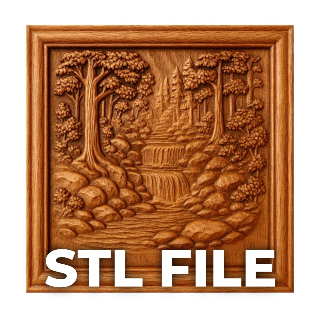 Forest Waterfall CNC Relief STL File | Nature CNC Wall Art by Form Arcade—a wooden wall panel with trees, rocks, and a cascading waterfall. "STL file" appears in bold white letters at the bottom, perfect for your next CNC carving project.