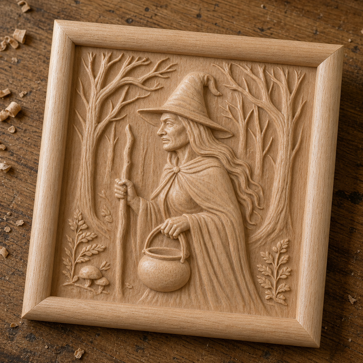The Forest Witch Relief STL File by Form Arcade is a fantasy CNC wall art design featuring a witch with a hat, staff, and cauldron amid trees and foliage—ideal for carving unique, mystical décor.