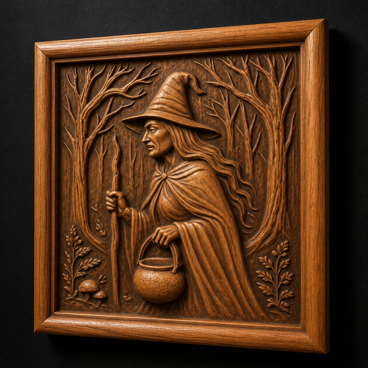 The Forest Witch Relief STL File by Form Arcade features a witch in a hat and cloak with staff and cauldron, set in a forest scene with trees, plants, and a mushroom—ideal fantasy CNC wall art for carving or 3D printing.