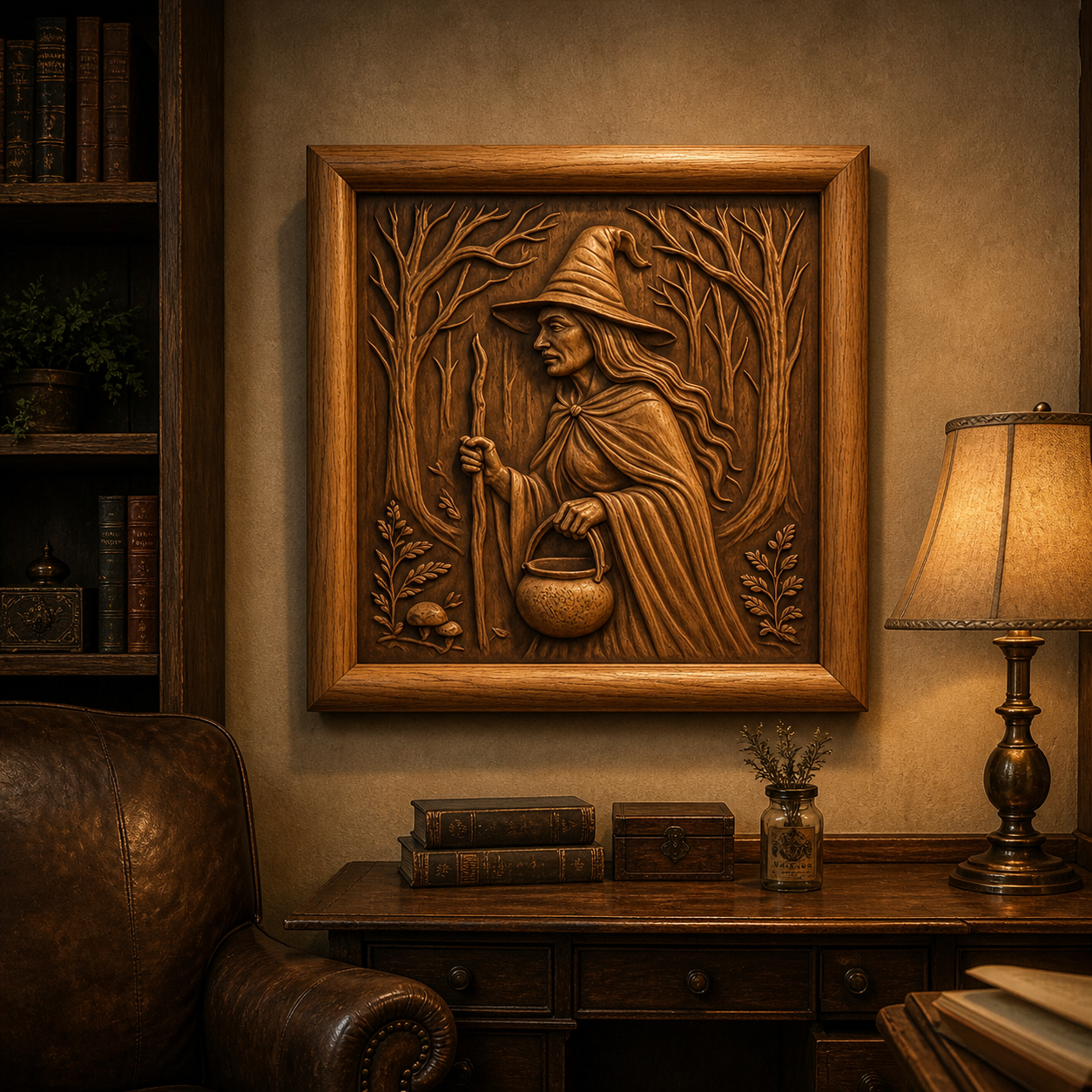 A cozy study with a leather chair, wooden desk, table lamp, and a framed Forest Witch Relief STL File by Form Arcade—fantasy CNC wall art featuring a witch with staff and cauldron—hung above the desk.