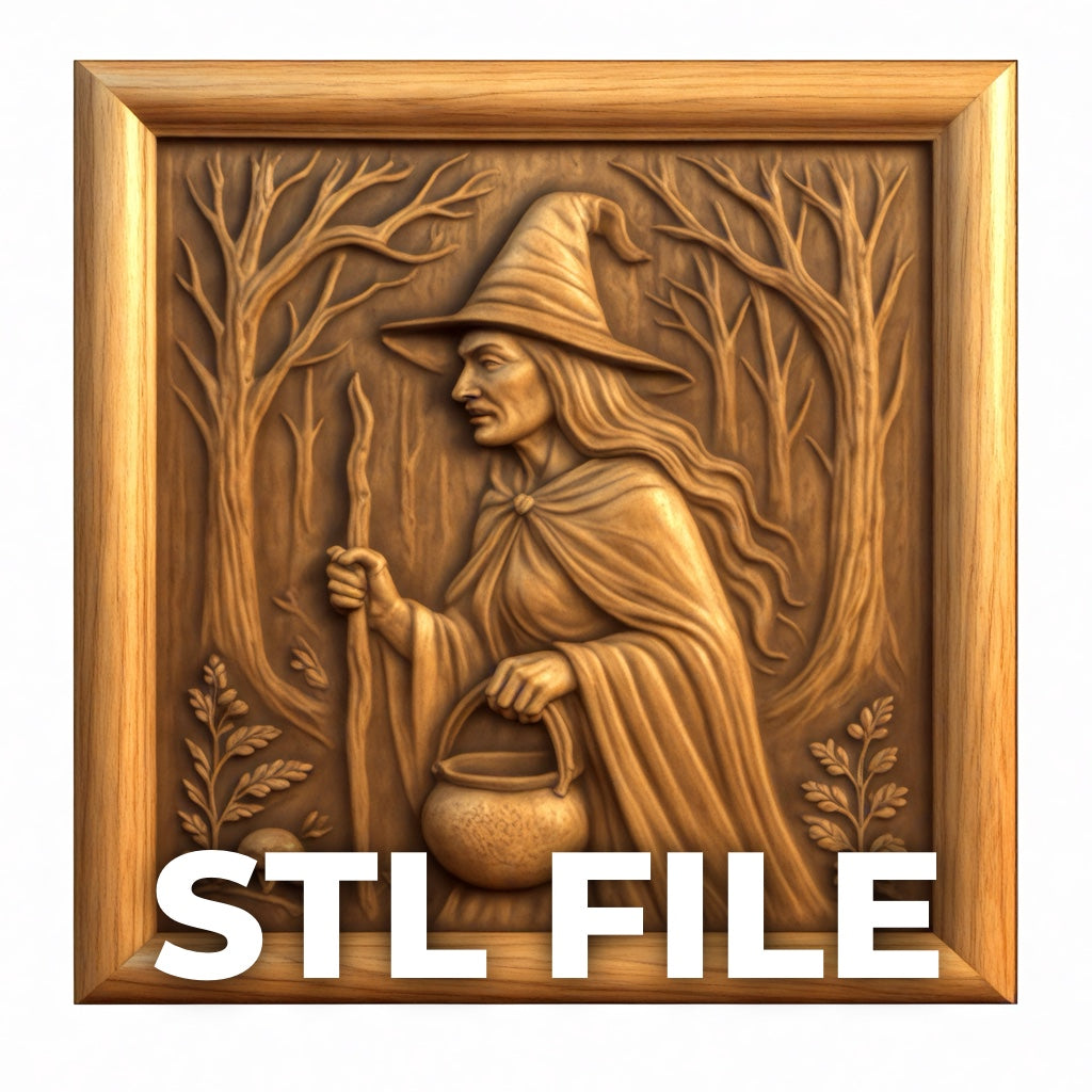 The Forest Witch Relief STL File by Form Arcade features a witch in a pointed hat and cloak with a staff and cauldron in a forest, perfect for fantasy CNC wall art or 3D printing. "STL FILE" is displayed at the bottom of the design.