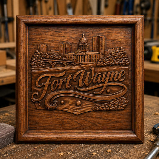 The Fort Wayne Skyline Relief STL File by Form Arcade is an Indiana city CNC wall art design featuring a detailed skyline and trees above cursive text, perfect for fans looking to create unique woodworking wall decor.