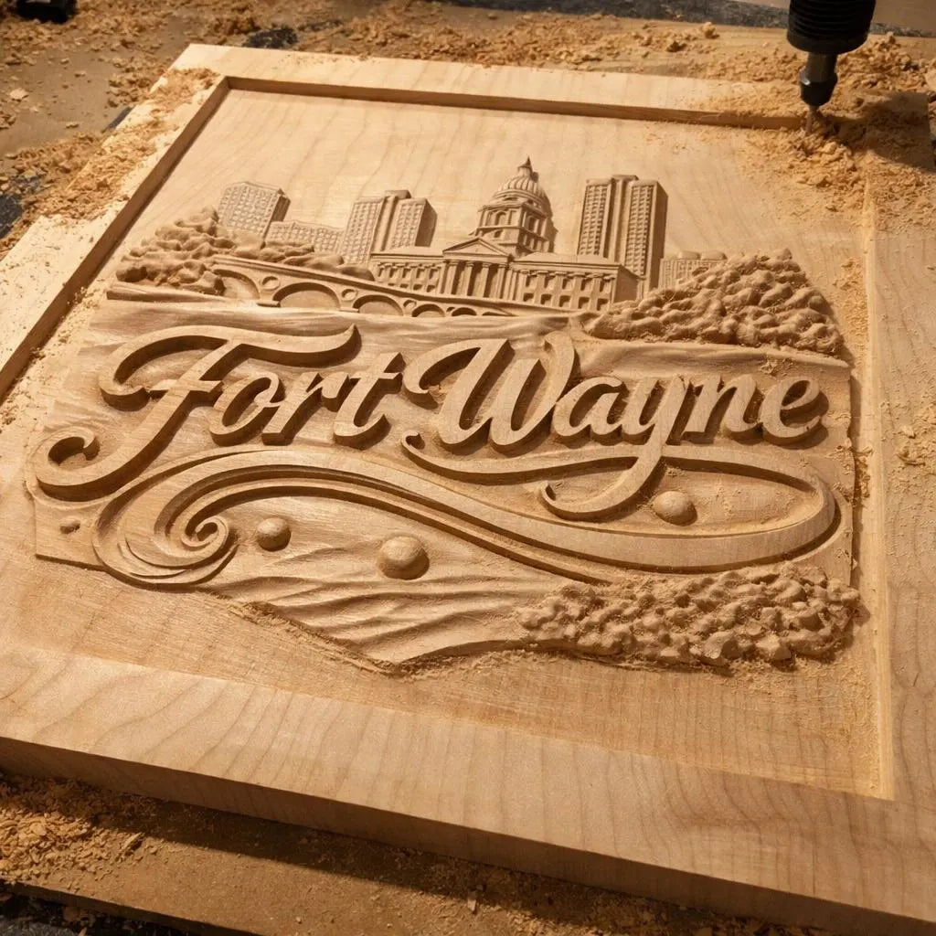 Fort Wayne skyline relief carving on unfinished wood panel placed on a workshop surface, visible tool marks and natural grain showing raw CNC output, angled perspective highlighting carved depth and clean detail, realistic maker environment for woodworking and CNC projects