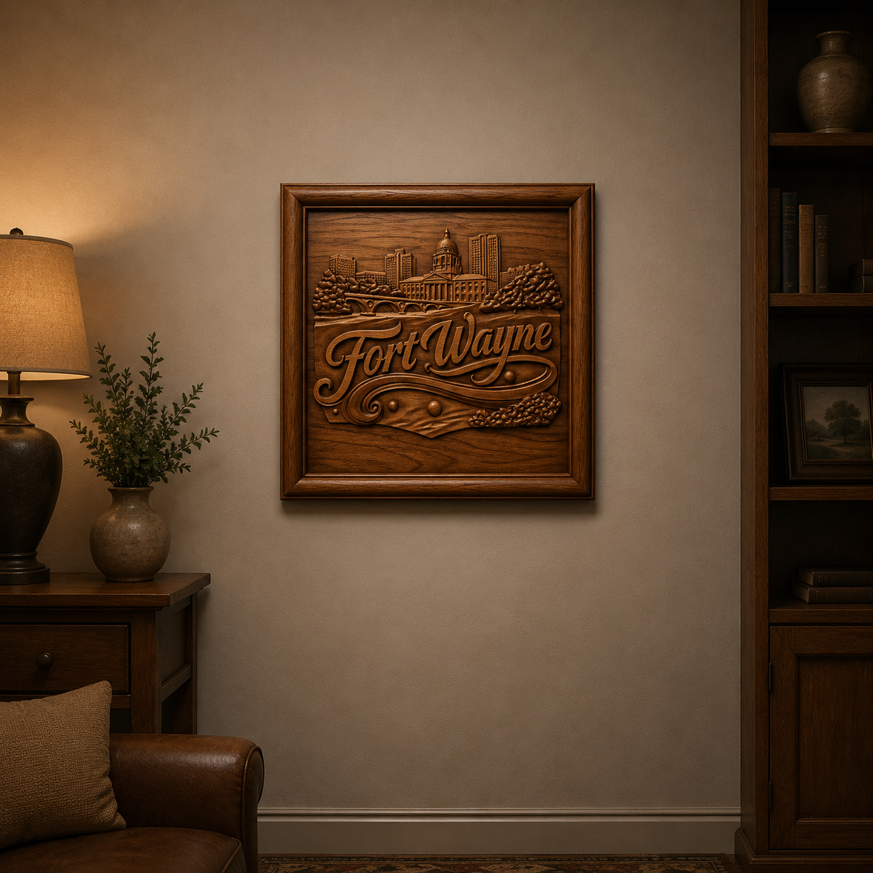 A Fort Wayne Skyline Relief STL File by Form Arcade hangs on a beige wall between a lamp with a plant and a bookshelf, adding Indiana city CNC wall art charm to the warmly lit room.
