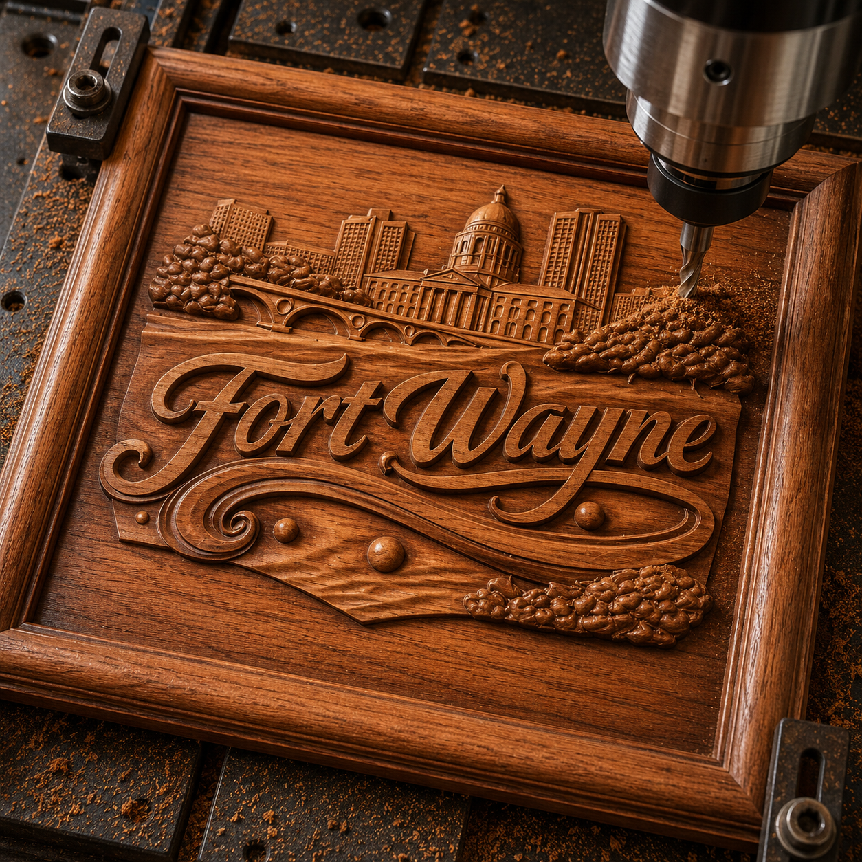 The Fort Wayne Skyline Relief STL File by Form Arcade lets you CNC carve Indiana city wall art, featuring buildings, a dome, a bridge, and trees with detailed relief for woodworking projects.