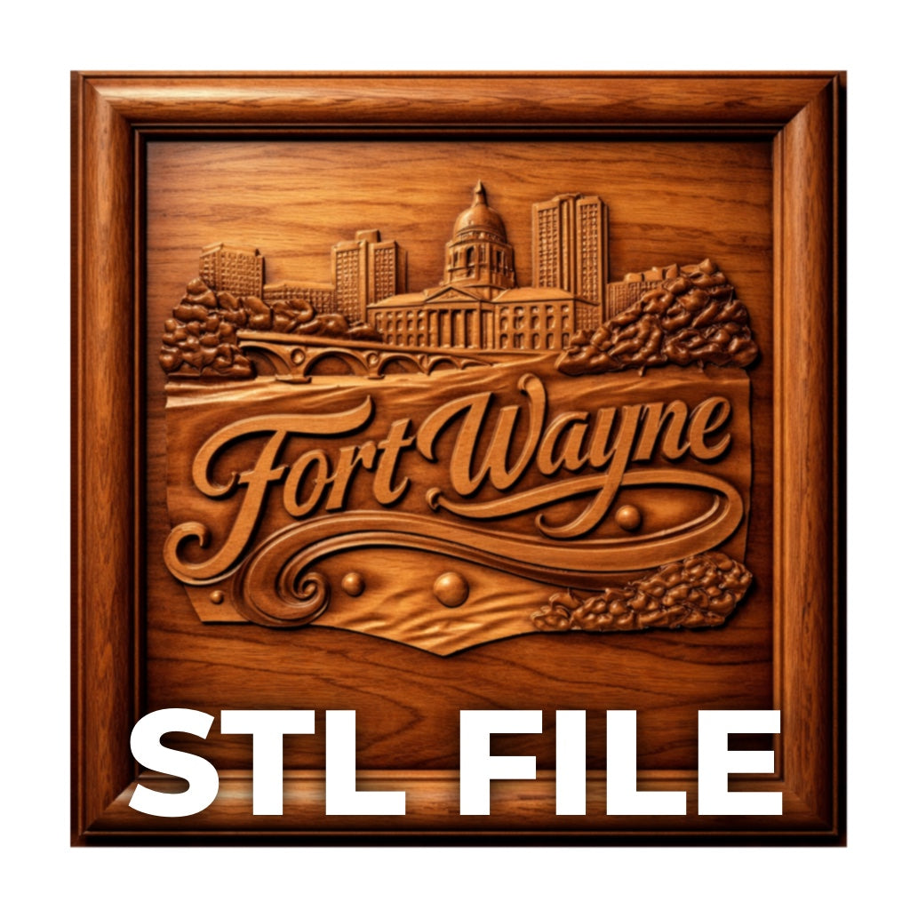 Fort Wayne Indiana city skyline relief carved into wood panel with bold lettering and detailed architectural features, framed square composition showing skyline buildings and decorative elements, natural wood grain visible with warm lighting emphasizing depth, STL file preview for CNC carving and wall art display