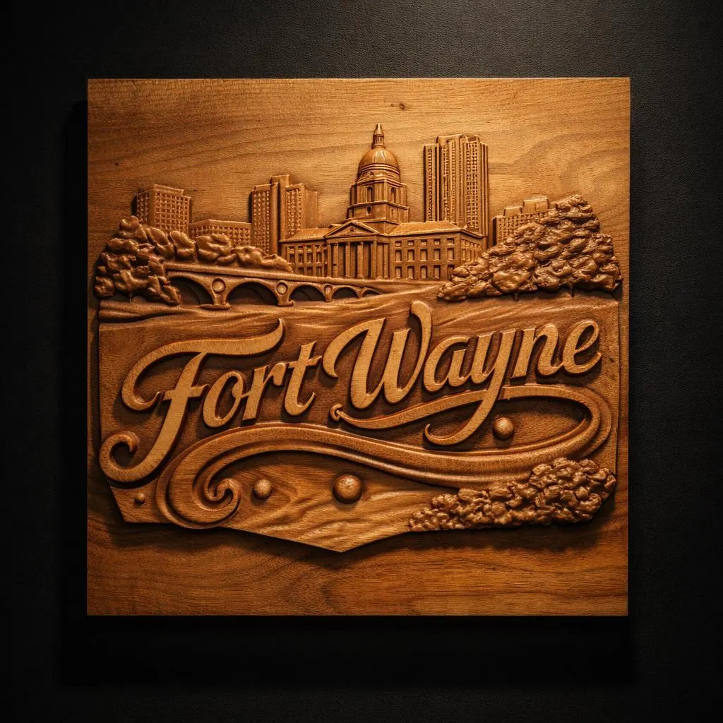 Detailed Fort Wayne skyline relief carving in wood featuring city buildings, stylized text, and layered landscape elements, centered composition with smooth carved depth and strong contrast, rich wood tones and clean edges ideal for CNC carving projects and decorative wall art applications