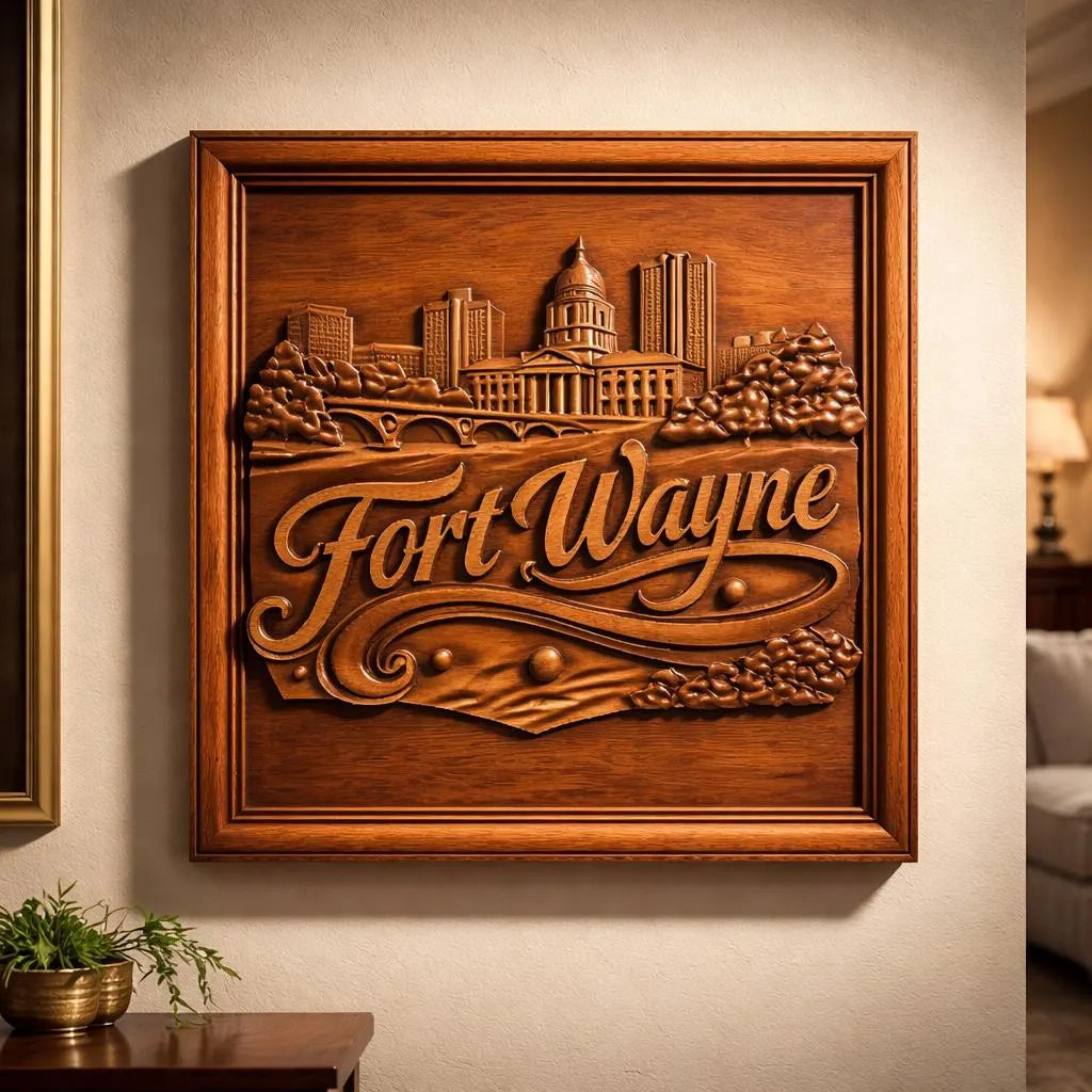 Fort Wayne skyline relief wall art mounted in a home interior setting, framed wooden panel displayed with warm lighting and realistic scale, showcasing finished CNC carving with visible depth and detail, ideal for city decor, local pride pieces, and personalized wall art